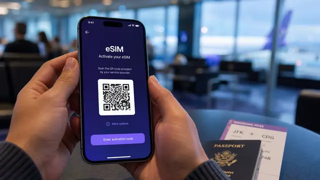 Manos sosteniendo un teléfono con la pantalla de activación de una eSIM mediante código QR