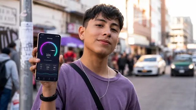 Persona en la calle revisando una prueba de velocidad de internet en su teléfono